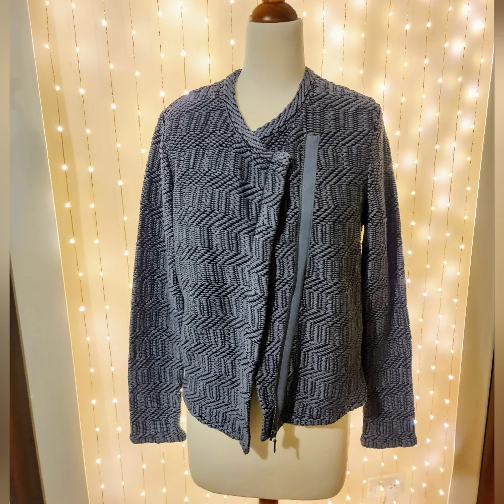 EUC Ann Taylor LOFT Maze Chunky Knit Moto Jacket in Blue Sea - Picture 8 of 12